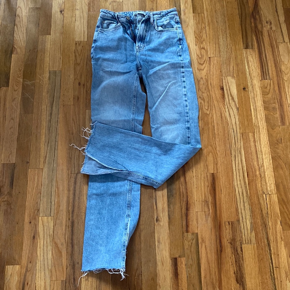 Zara flare high waisted blue distressed jeans